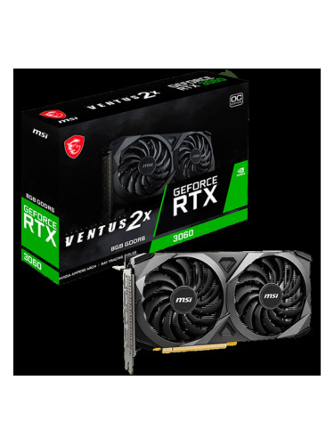 MSI Video Card Nvidia GeForce RTX 3060 VENTUS 2X 8G OC, 8GB GDDR6, 128-bit, 15 Gbps Effective Memory Clock, 1807 MHz Boost, 3584 CUDA Cores, PCIe 4.0, 3x DisplayPort 1.4a, HDMI 2.1, RAY TRACING, Dual Fan, 550W Recommended PSU, Metal Backplate, 3Y