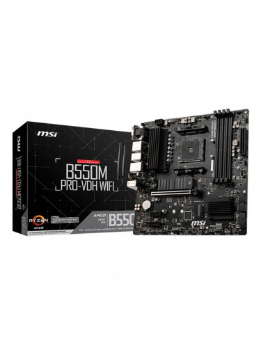 MSI B550M PRO-VDH WIFI,m-ATX,Socket AM4,AMD B550 Chipset,4 DIMMs,Dual Channel DDR4 up to 4400+(OC)MHz,1x PCIe 4.0/3.0 x16 slot,2x M.2 slots,4x USB 3.2 Gen 1,2x USB 2.0,1x HDMI,1x DP,1x VGA,WiFi,1G LAN,7.1 Audio,3y warranty