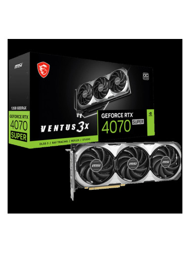 MSI Video Card Nvidia RTX 4070 SUPER 12G VENTUS 3X OC, 12GB GDDR6X, 192bit, 21Gbps Memory speed, Boost: 2505MHz, 7168 CUDA Cores, 3x DP 1.4a, HDMI 2.1a, RAY TRACING, Triple Fan, 1x 16pin, 650W Recommended PSU, 3Y