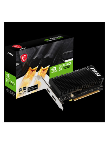 MSI Video Card Nvidia GeForce GT 1030 4GHD4 LP OC, 4GB DDR4, 64-bit, 2100MHz Memory Speed, 1430MHz Boost, 384 CUDA Cores, 1x DisplayPort 1.4a, HDMI 2.1, 300W Recommended PSU, 3Y