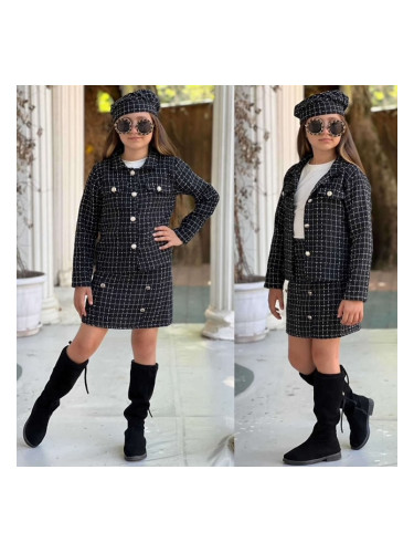 Комплект за момиче Неви от 4 части - права пола, сако в пепит в черно,