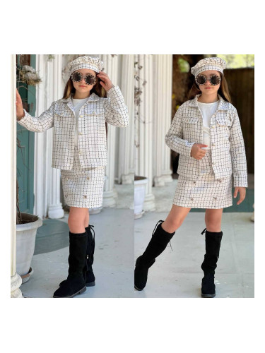 Комплект за момиче Неви от 4 части -права пола, сако в пепит в екрю, 