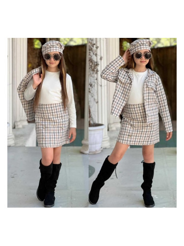 Комплект за момиче Неви от 4 части-права пола, сако в пепит в бежово,