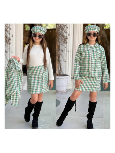 Комплект за момиче Неви от 4 части-права пола, сако в пепит в зелено,