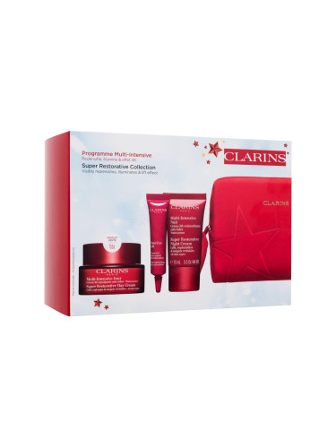 Clarins Super Restorative Collection Подаръчен комплект дневен крем за лице Super Restorative Day Cream 50 ml + нощен крем за лице Super Restorative Night Cream 15 ml + околоочен крем Total Eye Lift 7 ml + серум за лице Double Serum 0,9 ml + червена козметична чантичка