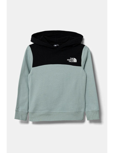 Детски памучен суичър The North Face BACK LOGO RELAXED P/O HOODIE в тюркоазено с качулка с принт NF0A89HC1OC1