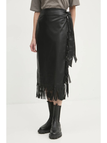 Кожена пола Never Fully Dressed Vegan Leather Fringe Jaspre в черно среднодълга с кройка тип молив NFDSK573