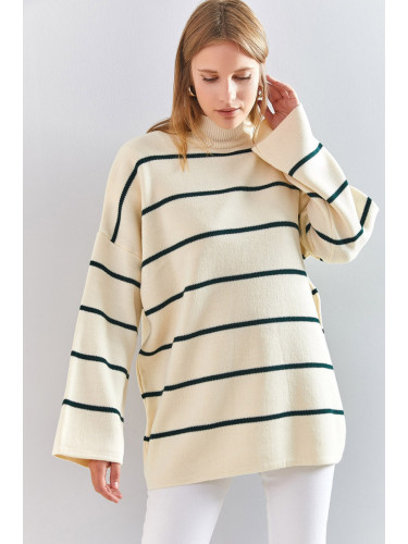 Bianco Lucci Women's Turtleneck Striped Oversize Knitwear Sweater