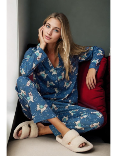 43103 Dewberry Buttoned Women Pyjama Set-BLUE