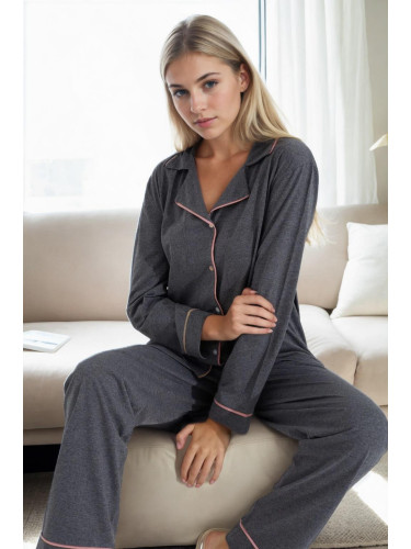 39374 Dewberry Cotton Buttoned Women Pyjama Set-ANTHRACITE