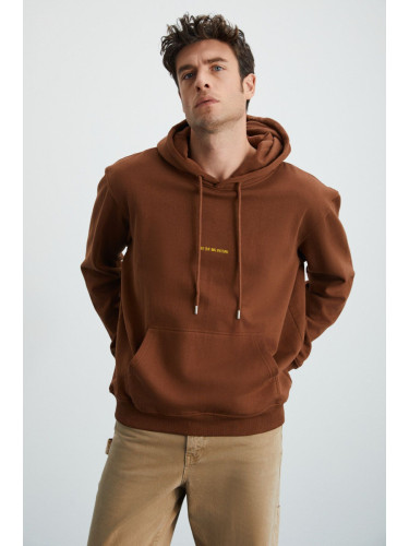 GRIMELANGE EPIC Men's Soft Fabric Embroidered Detailed Hooded Cord Regular Bitter Coffee Sweatshirt