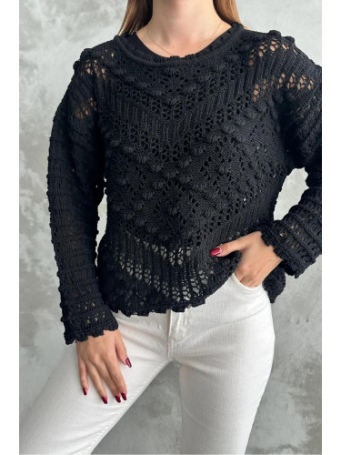 69491 Dewberry Patterned Openwork Knitwear Womens Sweater-BLACK