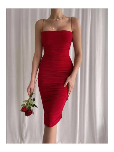 64500 Dewberry Thin Strap Draped Midi Evening Dress-RED