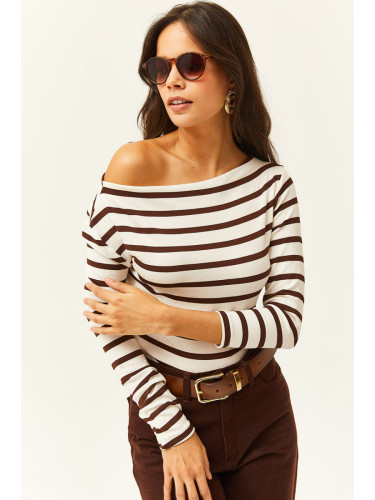 Olalook Women's Bitter Brown Striped Premium Soft Touch Boat Neck Flexible Blouse