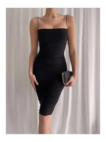 64500 Dewberry Thin Strap Draped Midi Evening Dress-BLACK