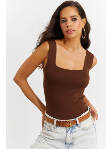 Cool & Sexy Women's Brown Square Collar Knitwear Blouse YV87