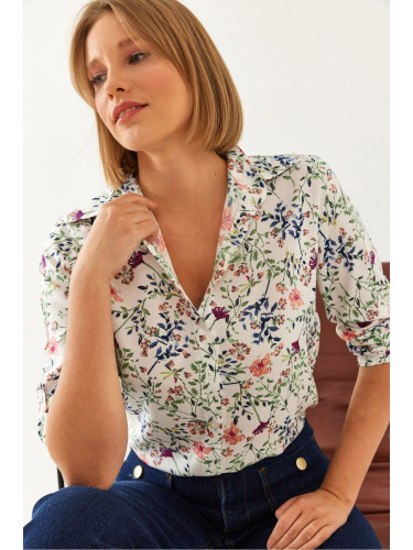 Bianco Lucci Women's Sleeve Fold Floral Patterned Shirt