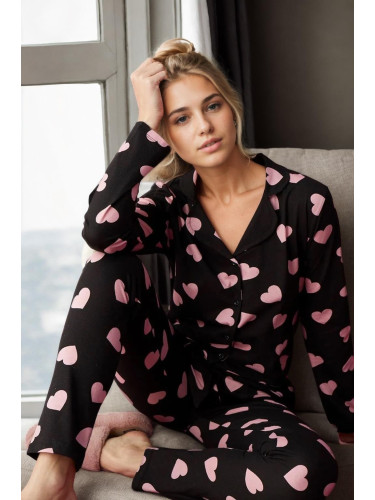 43103 Dewberry Buttoned Women Pyjama Set-BLACK