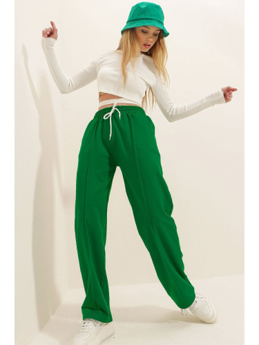 Trend Alaçatı Stili Women's Dark Green High Waist Front Patchwork Wide Leg Double Pocket Sweatpants