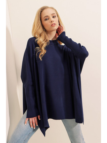 Bigdart 15783 Slit Poncho Sweater - Navy Blue