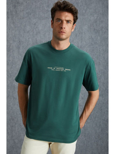 GRIMELANGE Frank Men's Thick Textured Print Detail Oversize & 100 Organic Cotton Green T-shirt