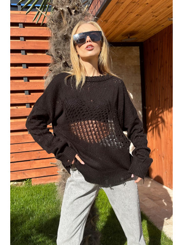 Trend Alaçatı Stili Women's Black Crew Neck Openwork Knitwear Sweater