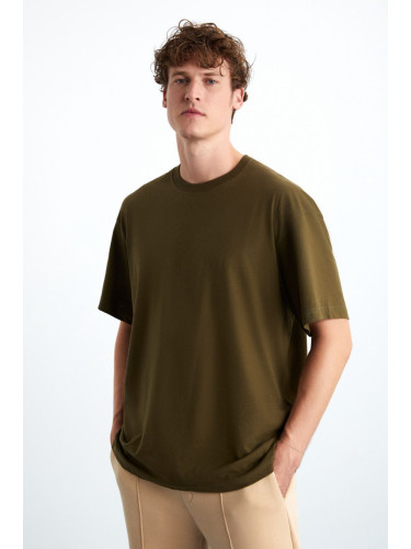 GRIMELANGE Jett Men's Oversize Fit 100% Organic Cotton Thick Textured Crew Neck Khaki T-shirt