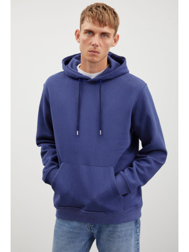 GRIMELANGE Jorge Men's Soft Hooded Organic Cotton Kangaroo Pocket Regular Navy Blue Sweatshirt