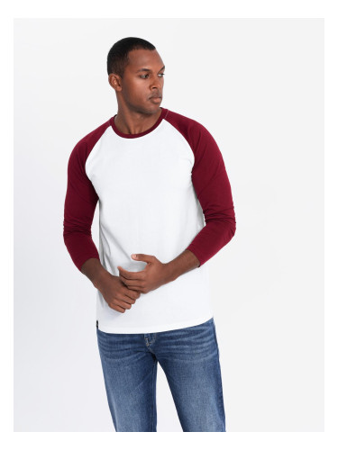 Ombre Men's longsleeve with contrasting raglan sleeves - white and maroon