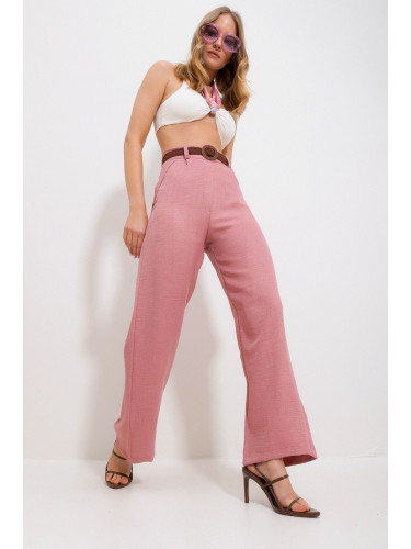 Trend Alaçatı Stili Women's Powder Pink High Waist Woven Trousers with Waist Belt and Side Hidden Zipper