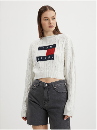 White Women Patterned Oversize Sweater with Balloon Sleeves Tommy Jeans - Women