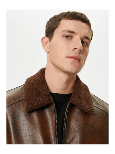 Koton Faux Fur Leather Jacket Pocket Slim Fit