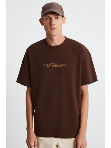 GRIMELANGE Frank Men's Thick Textured Print Detail Oversize & 100 Organic Cotton Brown T-shirt