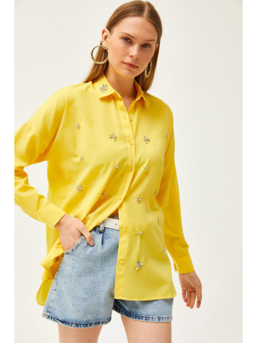 Olalook Women's Yellow Collar and Jewelled Front Six Oval Woven Shirt