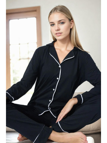 39374 Dewberry Cotton Buttoned Women Pyjama Set-BLACK-WHITE