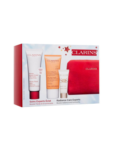 Clarins Beauty Flash Balm Подаръчен комплект балсам за лице Beauty Flash Balm 50 ml + пилинг за лице One-Step Gentle Exfoliating Cleanser 30 ml + основа под грим SOS Primer Boost Radiance 10 ml + червена козметична чантичка