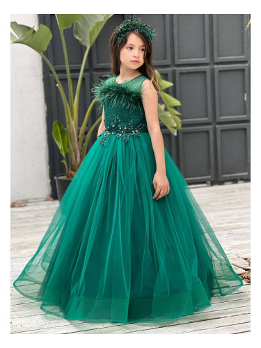 Официална детска дълга рокля в зелено без ръкав Шери от колекция Зеле