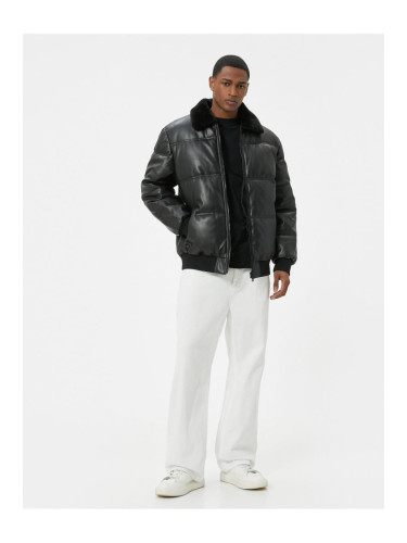 Koton Faux Leather Puffer Jacket with Fur Collar and Pocket