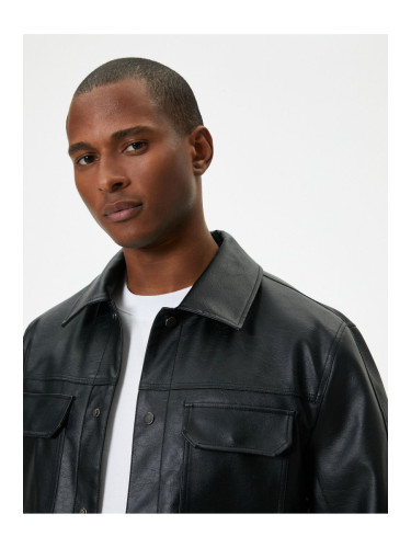 Koton Leather Look Jacket Slim Fit Buttoned Pocket Detail