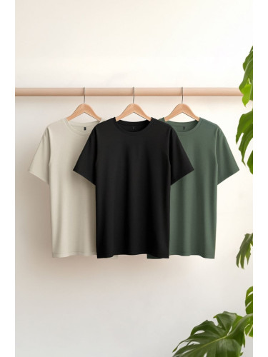 Trendyol Black-Stone-Dark Green Oversize/Wide Cut 3 Pack 100% T-Shirt