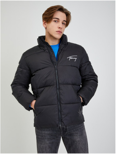 Black Mens Quilted Jacket Tommy Jeans Signature Puffer - Men