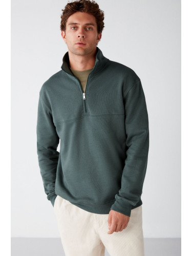 GRIMELANGE Frame Men's Half Zipper High Neck Soft Fabric Fleece Green Sweatshirt