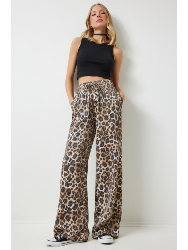 Happiness İstanbul Women's Black Beige Leopard Patterned Viscose Palazzo Trousers