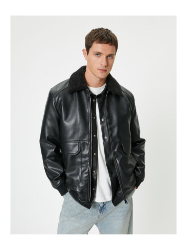 Koton Faux Fur Leather Jacket Pocket Slim Fit