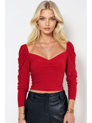 Trend Alaçatı Stili Women's Red Kiss Collar Princess Sleeve Soft Textured Crop Pattern Blouse