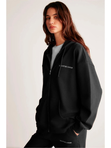 GRIMELANGE AMETIS Women's Fleece Embroidered Text Detailed Organic Cotton Oversize Hooded Black Sweatshir