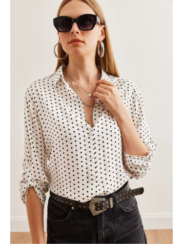 Olalook Women's White Folded Sleeve Polka Dot Shirt