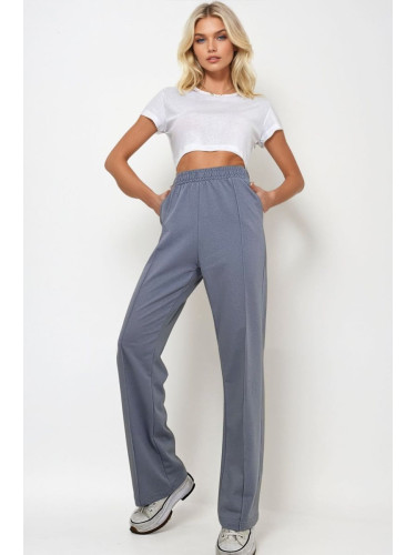 Trend Alaçatı Stili Women's Dyed Grey High Waist Front Grass Wide Leg Double Pocket Sweatpants