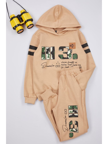 Trendyol Beige Boy Seasonal-Thin Hooded Slogan Printed Knitted Bottom-Top Set