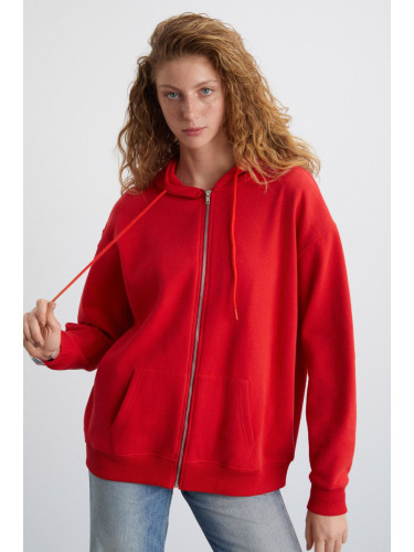 GRIMELANGE Alena Women Oversize Organic Cotton Metal Zipper Hooded Polar Fleece Inside Red Sweatshirt